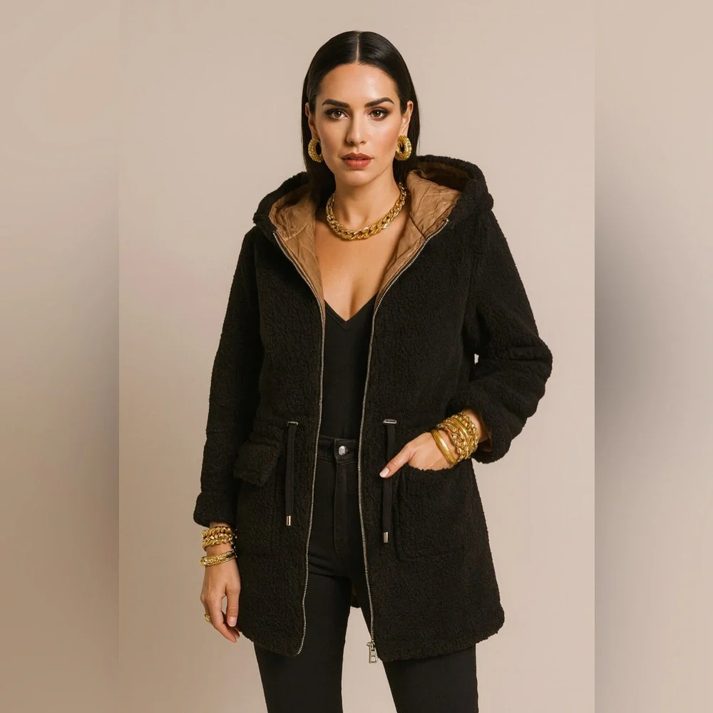 Kate Spade Reversible Black Sherpa Teddy Jacket Cinch Waist Coat XS x- small